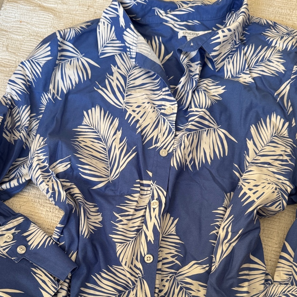 Chicos Blue and White Palm Print Shirt - Picture 6 of 6